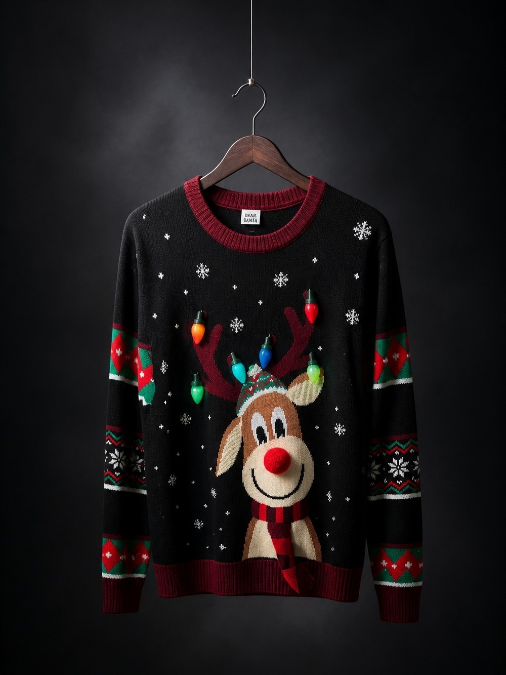 Source Unknown Black Christmas Reindeer Light-Up Sweater with Red Trim